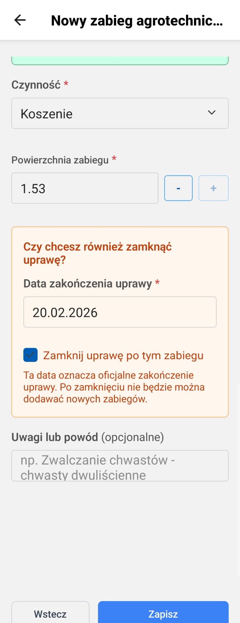czynność zamykająca uprawę