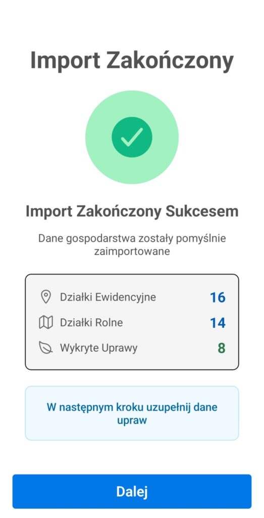 Ewidencja Rolnika - Ekran podsumowania importu ARiMR