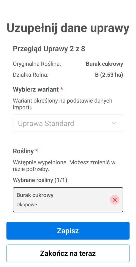 Ewidencja Rolnika - Ekran uzupełniania danych uprawy