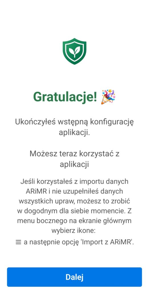 Ewidencja Rolnika - Ekran  zakończenia konfiguracji aplikacji