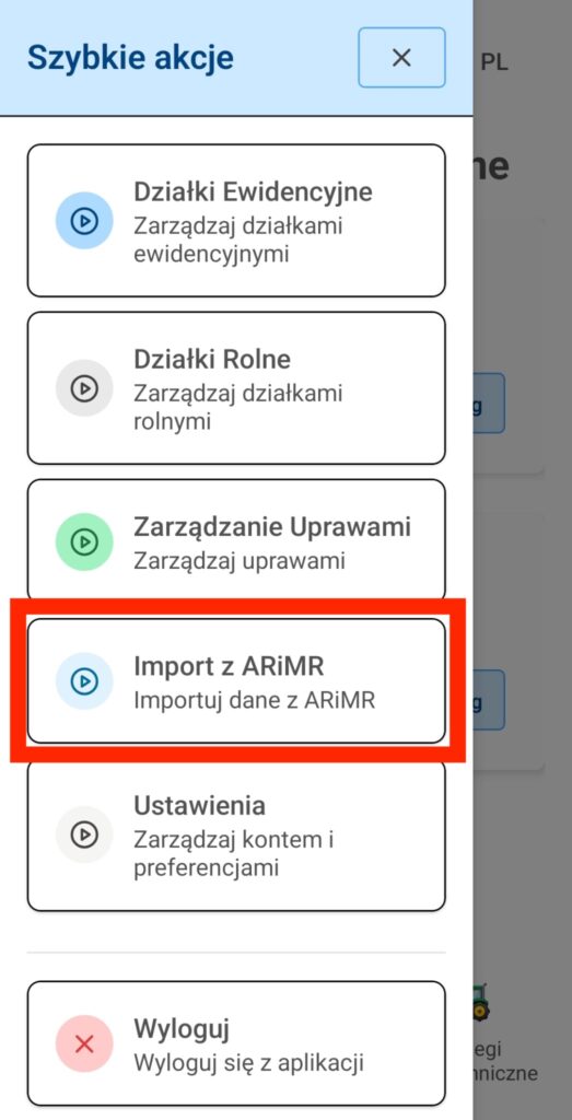 Ewidencja Rolnika - Menu boczne - opcja import ARiMR