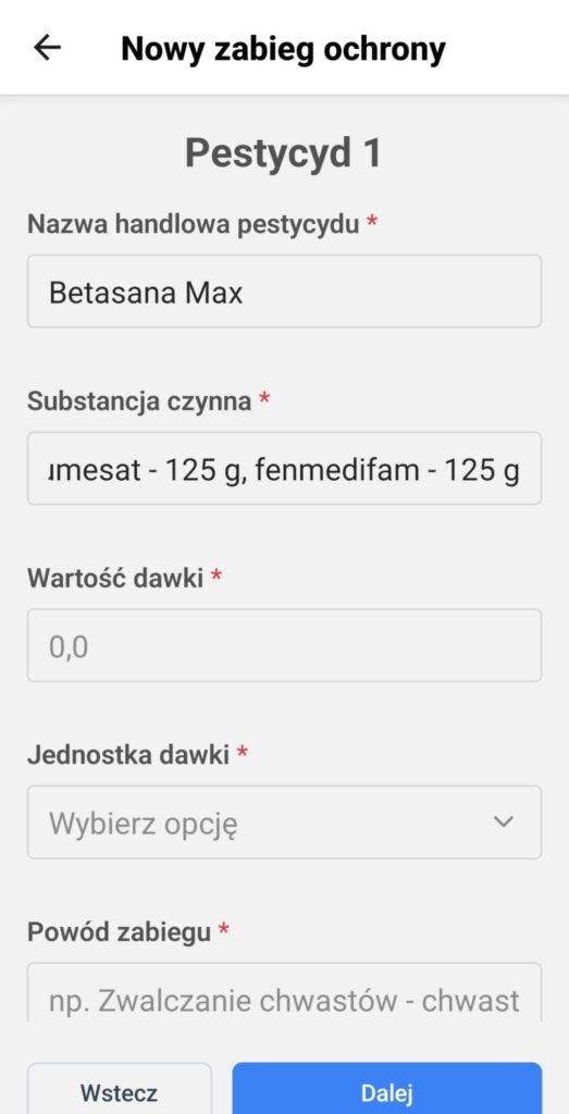 Ewidencja Rolnika - Dodawanie zabiegu środkami ochrony roślin, krok wyboru pestycydu