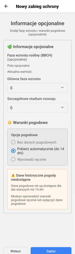Ewidencja Rolnika - Dodawanie zabiegu środkami ochrony roślin, krok wprowadzania fazy BBCH i warunków pogodowych