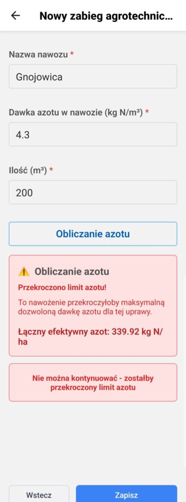 Ewidencja Rolnika - Ekran dodawania zabiegu agrotechnicznego, przekroczona dawka azotu